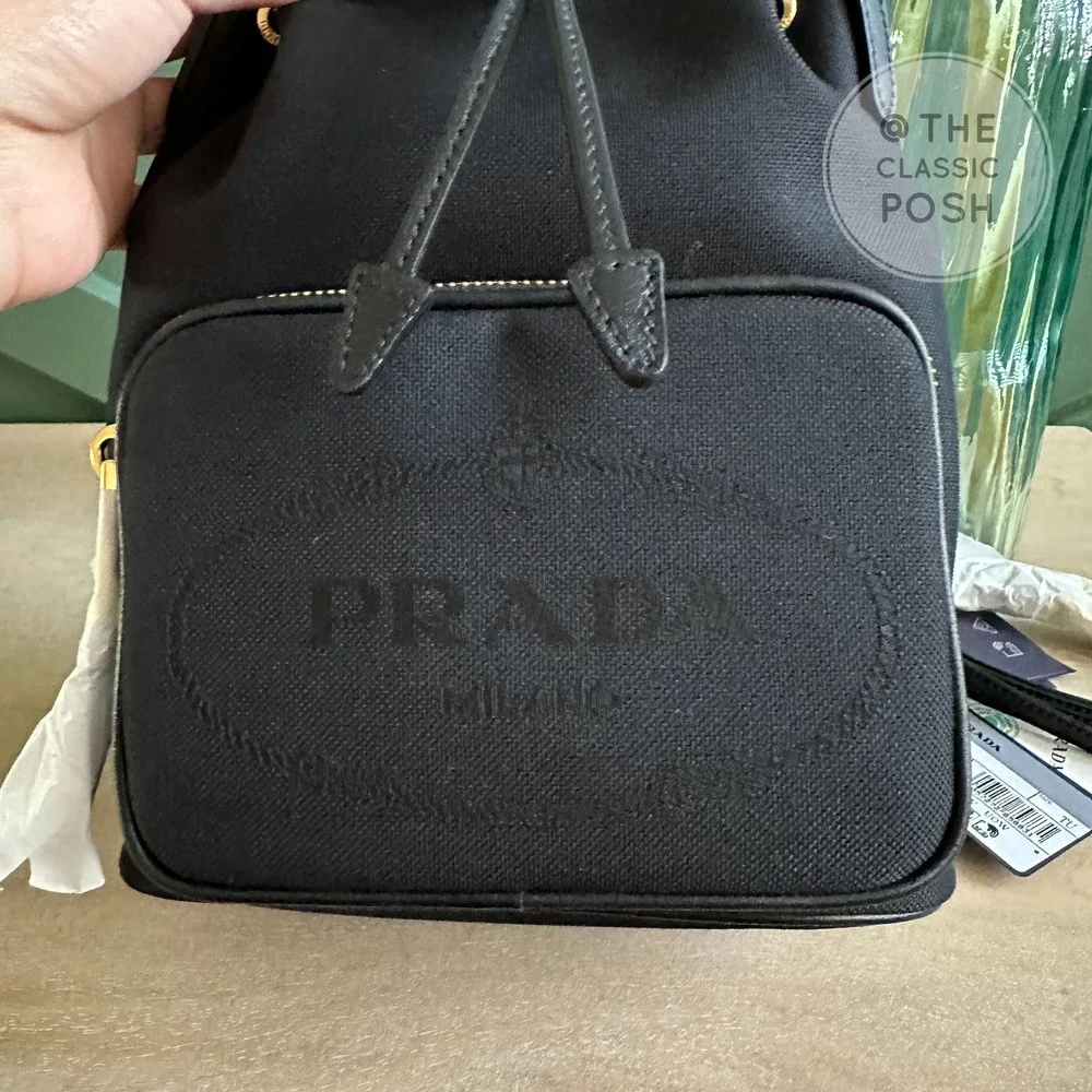 NEW Prada Jacquard Logo Bucket Black Canvas Tote Crossbody Bag